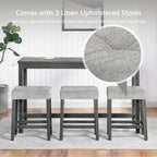 Merax Industrial Bar Table Set with Power Outlet, 4-Piece Counter Height Dining Set with Linen Fabric Stools for Kitchen, Breakfast Nook, Game Room,Black Gray+ Gray