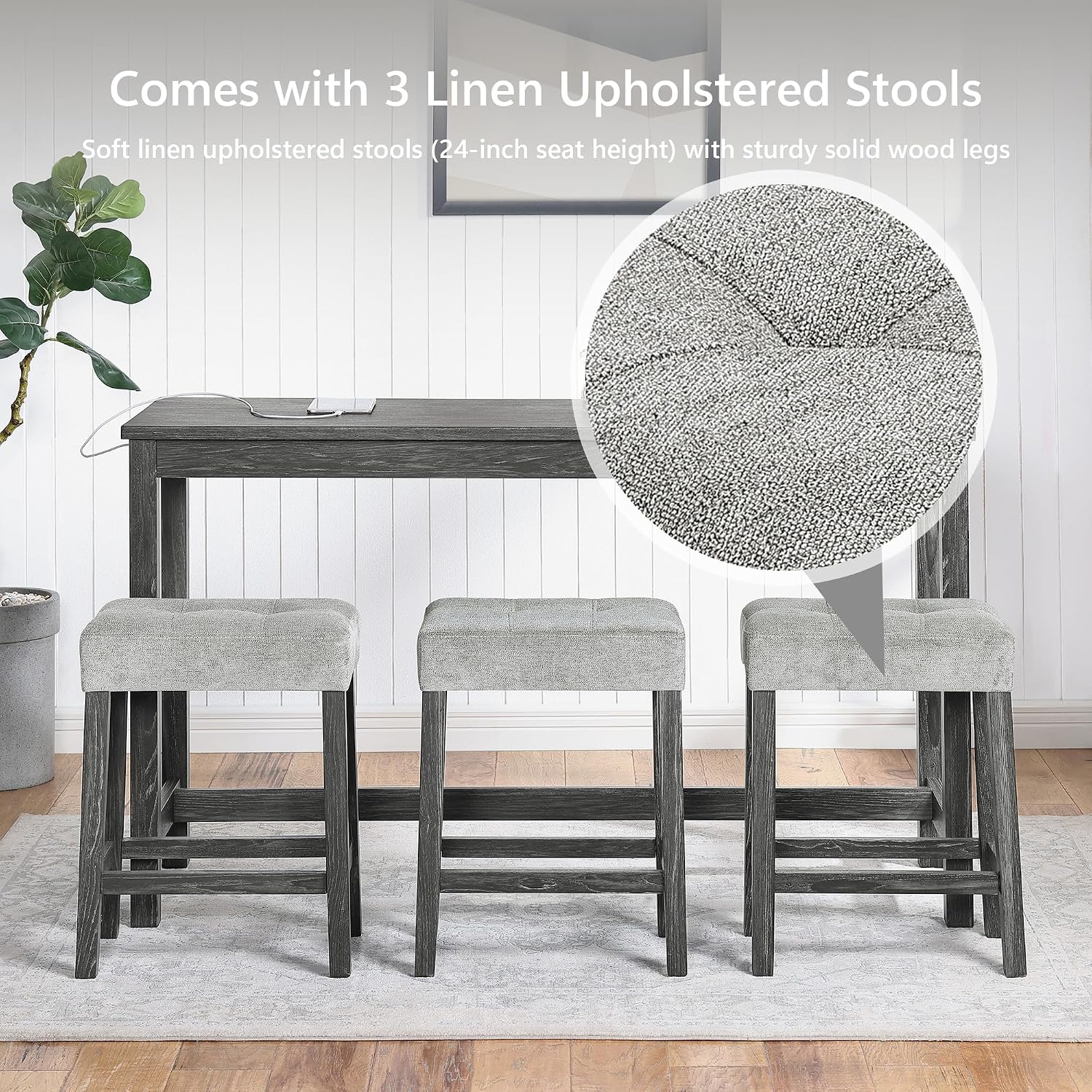 Merax Industrial Bar Table Set with Power Outlet, 4-Piece Counter Height Dining Set with Linen Fabric Stools for Kitchen, Breakfast Nook, Game Room,Black Gray+ Gray