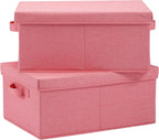 HOONEX Linen Foldable Storage Bins with Lids, 2 Pack, Storage Boxes with Carrying Handles and Sturdy Heavy Cardboard, 16.5" L x 11.8" W x 7.5" H for Shoes, Books, Clothes, Nursery, Pink