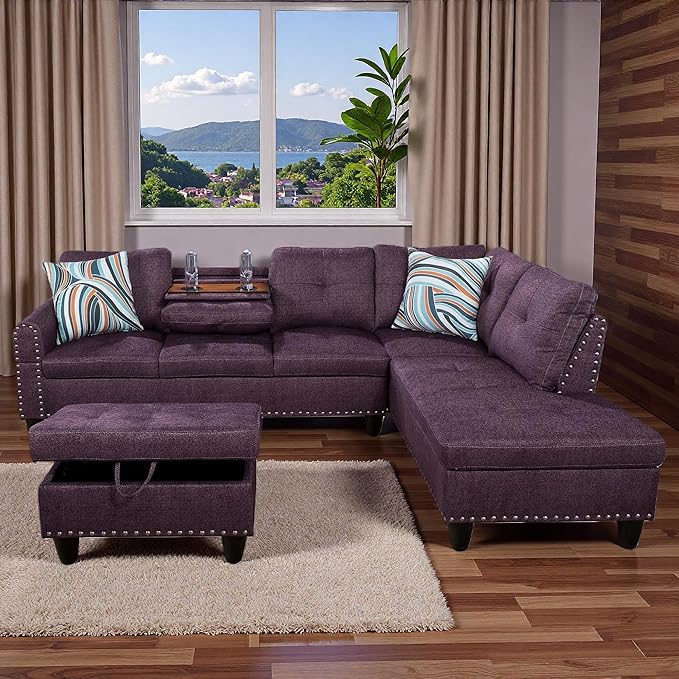 97.5" L Shaped Couch Set, Modular Sectional Couches for Living Room with Storage Ottoman, 4 Seat Home Sofa Living Room Furniture Sets with Chaise for Apartment Office (Linen, Purple)