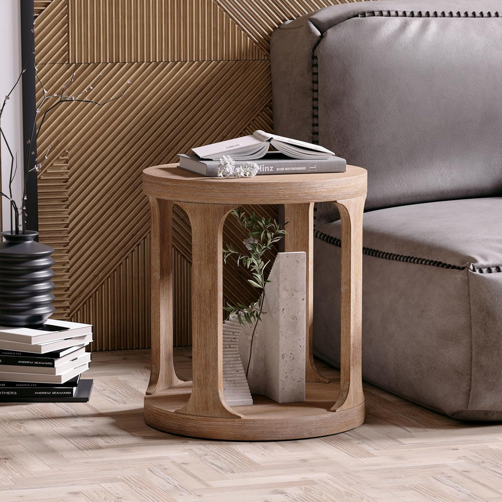 COZAYH Farmhouse Small End Table Wood Round Side Table for Small Space Rustic...