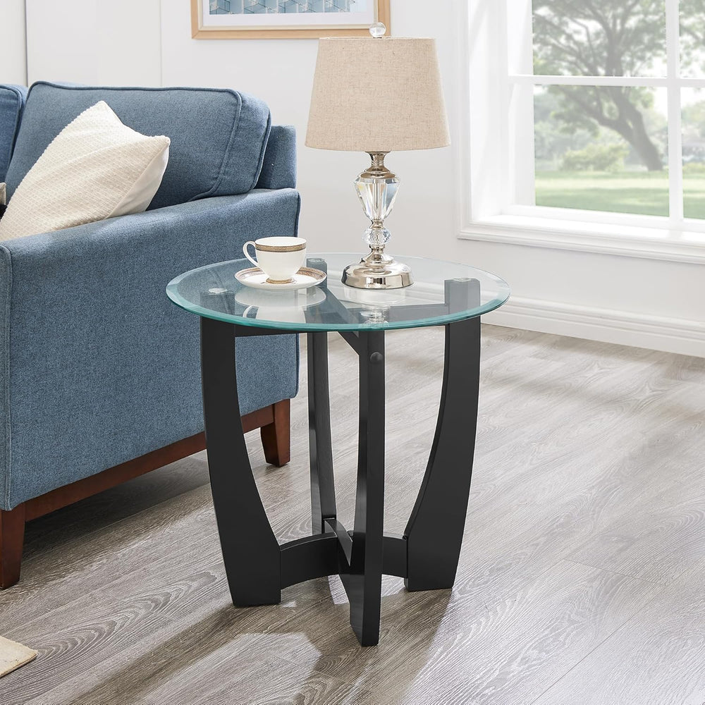Round End Table with Clear Tempered Glass Top, Black Wood Base, 23.5 Inch, Co...