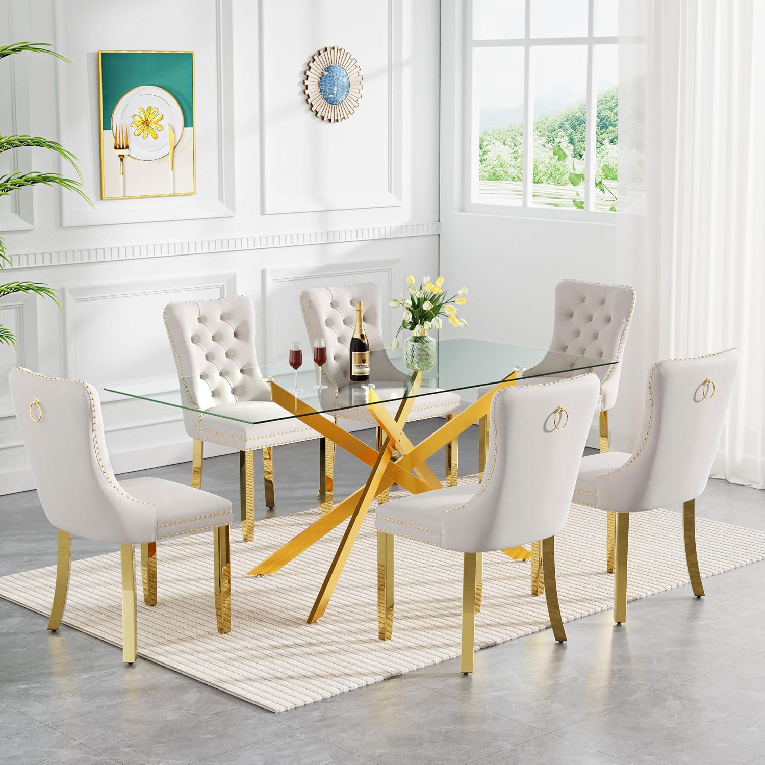 7 Piece Glass Dining Table Set Modern Glass Dining Table Set for 6, 61" Rectangular Gold Kitchen Table and 6 Velvet Upholstered Chairs, Gold Table & Beige Chair