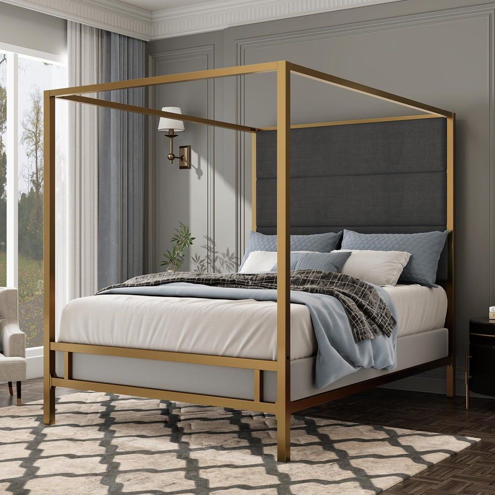 King Size Modern Gold Canopy Bed with Tall Headboard(Dark Gray+Gold, King)