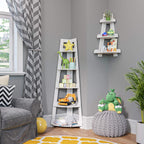 RiverRidge Kids 3-Tier Corner Ladder Display Wall Bookshelf, White | Playroom Book Rack Display Shelf, Wall-Mounted, Painted MDF