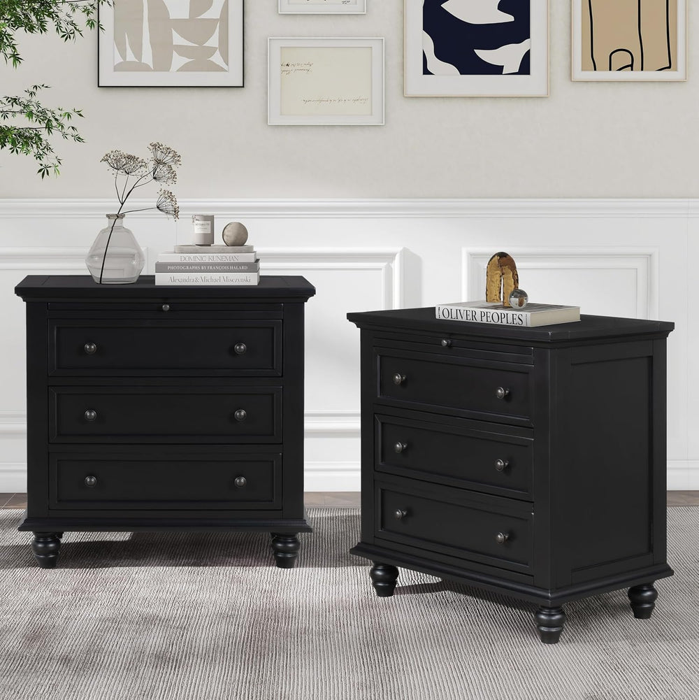 3-Drawer Storage Wood Cabinet, End Table Set of Two with Pull Out Tray As A B...