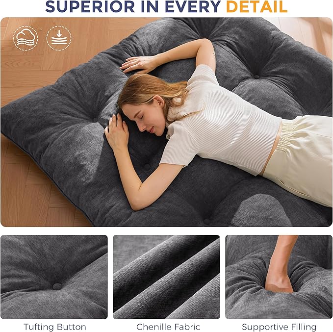 MAXYOYO Japanese Floor Mattress Full Size, 6" Foldable Futon Mattress Tufted Roll Up Floor Bed, Thick Chenille Tatami Mat Sleeping Pad for Camping Guest Room Dormitory Bedroom RV, Dark Grey