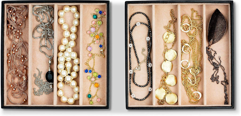 Glenor Co Jewelry Organizer Tray - Set of 2 - Stackable 8 Slots Jewelry Storage Trays - Display on Dresser or Drawer - for Necklace & Bracelet - Compatible with Other Trays - Black
