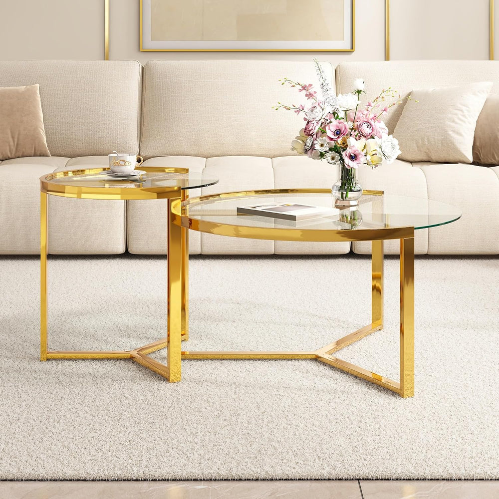 Glass Nesting Coffee Table Set with Metal Frame & Glam Design, Transparen...
