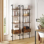 4 Tier Wall Ladder Bookshelf with Drawers, Wall Mounted Shelf, Wooden Wall Ladder Shelf Bookcase, Industrial Ladder Shelf with Storage Shelves for Office, Bedroom, Living Room, Rustic Brown