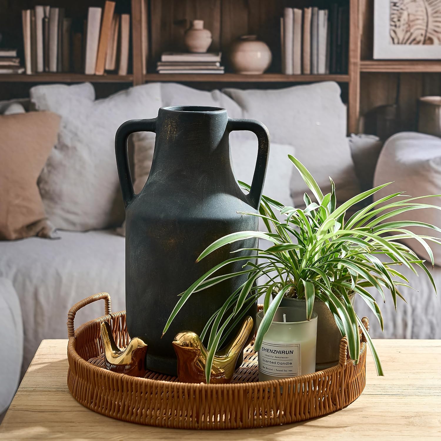SIDUCAL Ceramic Rustic Flower Vase with Handles | 12 inch Tall Vase for Farmhouse Home Table Centerpieces, Large Decorative Terracotta Vases for Home Decor, Living Room,Shelf Decor, Black Bronze