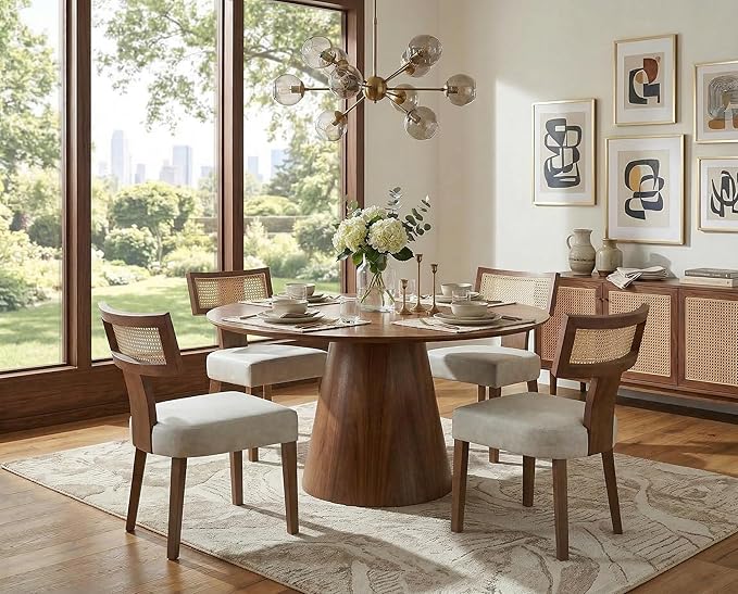 Modern Dining Chairs, Set of 4 - Rattan Back, Pu Leather Upholstered, Kitchen Chairs with Solid Wood Frame, Grey