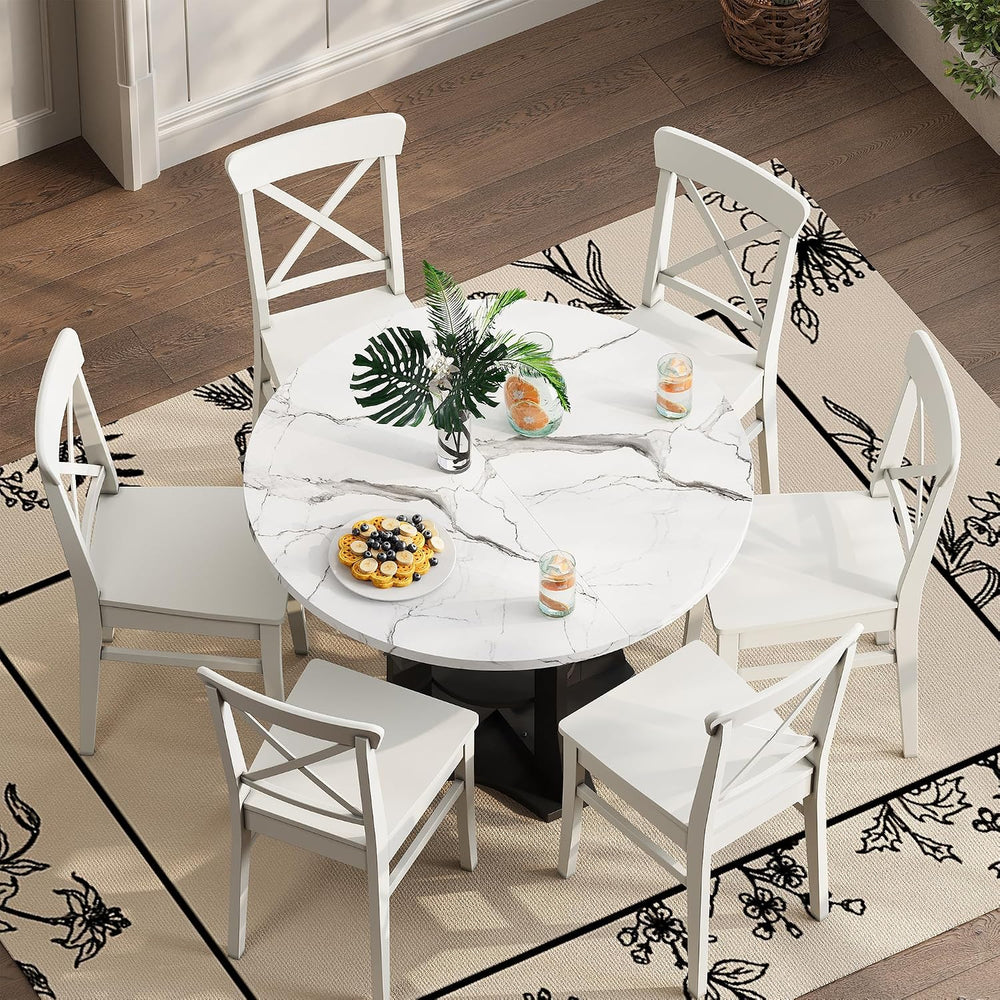 Extendable Dining Table 43"-59" for 4-6, White Faux Marble Round Ki...