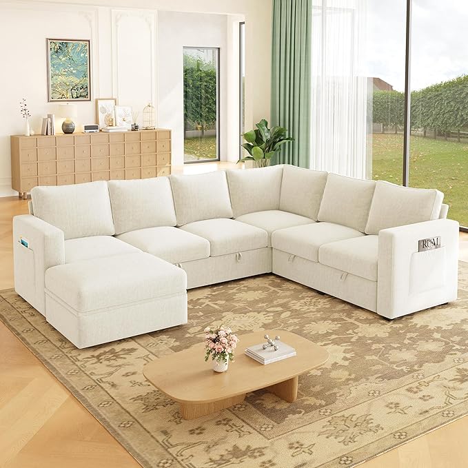 106.7" Sectional Sleeper Sofa with Pull Out Couch, Modern 7 Seat U Shaped Modular Couch, Sectionals Modular Sofa with Storage, Comfy Sectional Couches for Living Room & Apartment, Light Beige