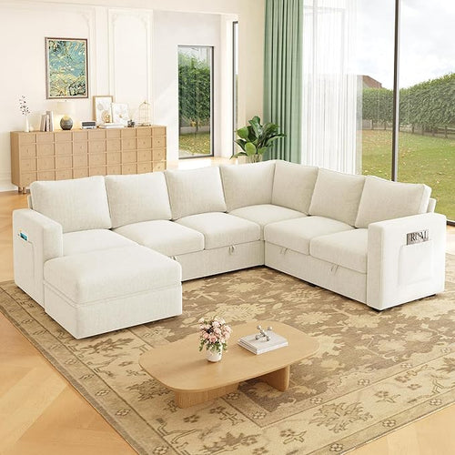106.7" Sectional Sleeper Sofa with Pull Out Couch, Modern 7 Seat U Shaped Modular Couch, Sectionals Modular Sofa with Storage, Comfy Sectional Couches for Living Room & Apartment, Light Beige