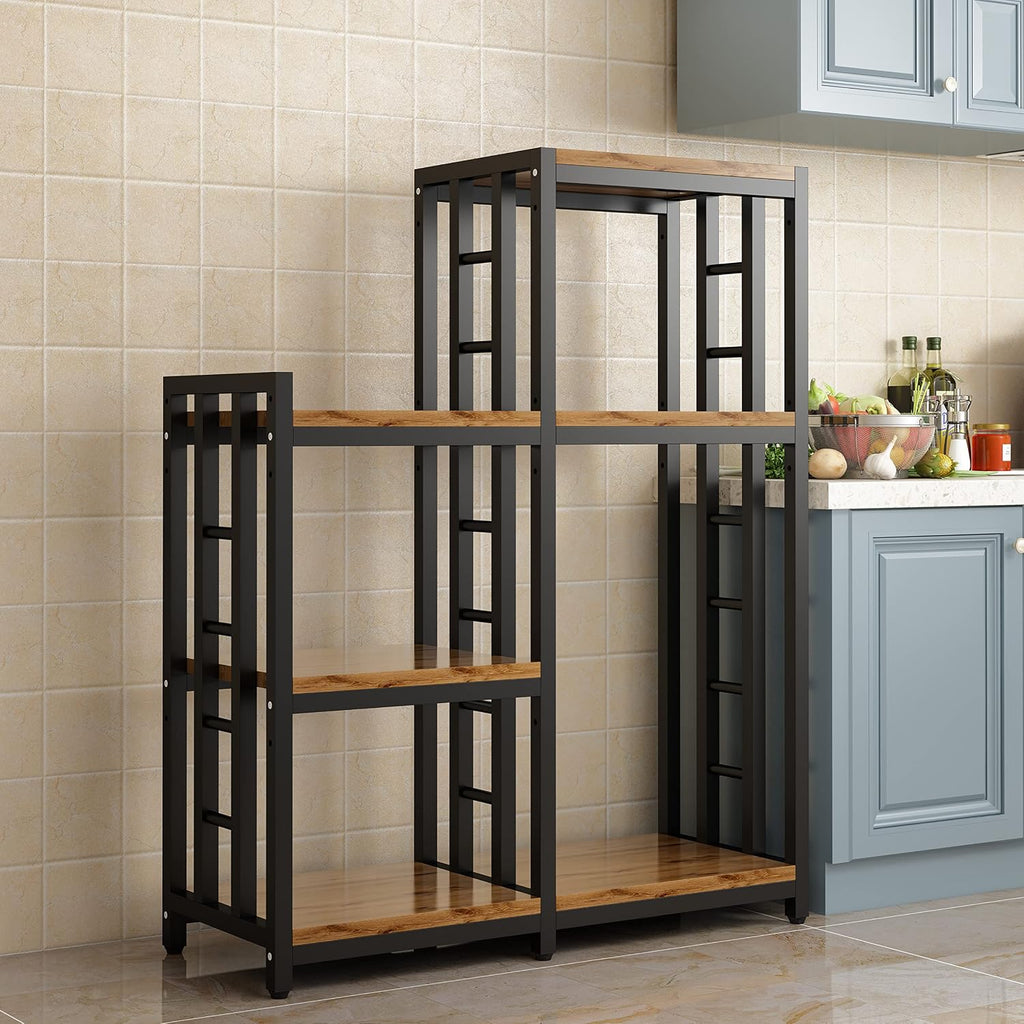 Kitchen Bakers Rack, 4-Tier+3-Tier Workstation Organizer Shelf, Free Standing Kitchen Utility Cart Storage Shelf Organizer Utility Microwave Stands Storage for Spice（Rustic Brown）