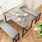 Dining Table Set for 4 with 2 Benches, 3-Piece Kitchen Table Set, Space-Saving Dining Set for Kitchen, Dining Room, Gray