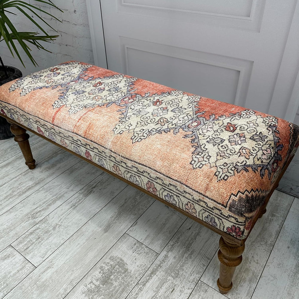 Ottoman Bench with Rug Upholstered Handmade Wood Work for Boho Farmhouse Kitc...