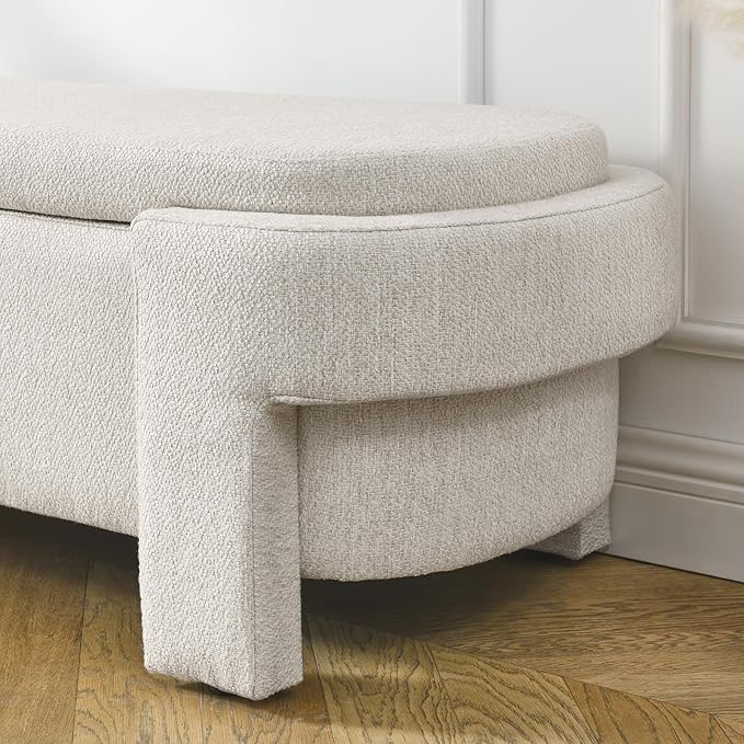 Oval Storage Bench,Upholstered Ottoman with Hinges,Easy to Install,for Living Room,Entryway,Bedroom,Beige