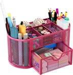EasyPAG Mesh Pen Holder Desk Organizer with Drawer Stationery Supplies Organizer for Dorm School 9 Compartments Workspace Desk Accessories Organization for Office, Hot Pink
