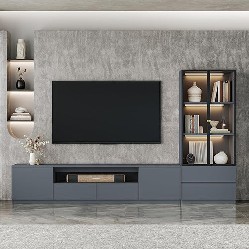 102" Grey Modern Entertainment Center for 65/75/85 inch TV, Included TV Console and Glass Display Cabinet, 2-Piece Media Console with Drawers Storage for Living Room (AB-102 Cabinets Set)
