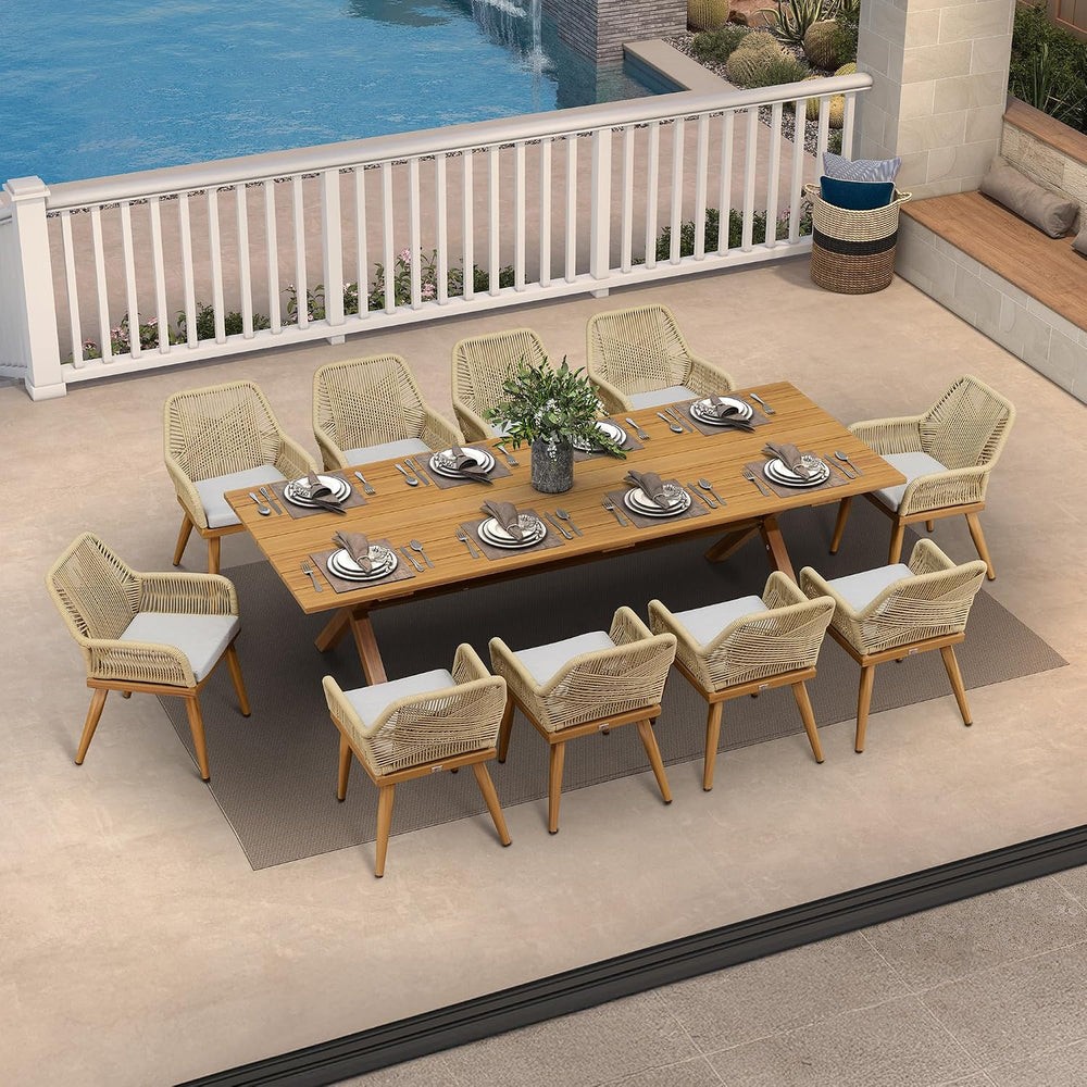 PURPLE LEAF Patio Dining Set 11 Pieces Rattan Aluminum Thick Cushion Teak