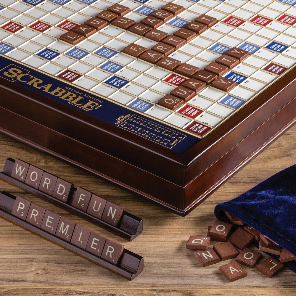WS Game Company Scrabble Deluxe Edition Rotating Wooden Cabinet Board Game
