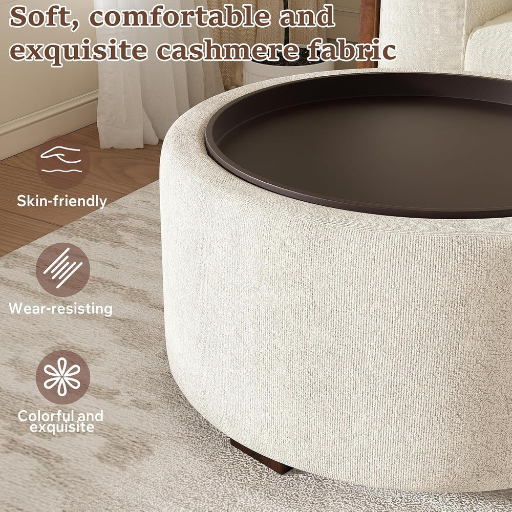 30" Round Ottoman with Storage Circular Coffee Table with Removable Wood...