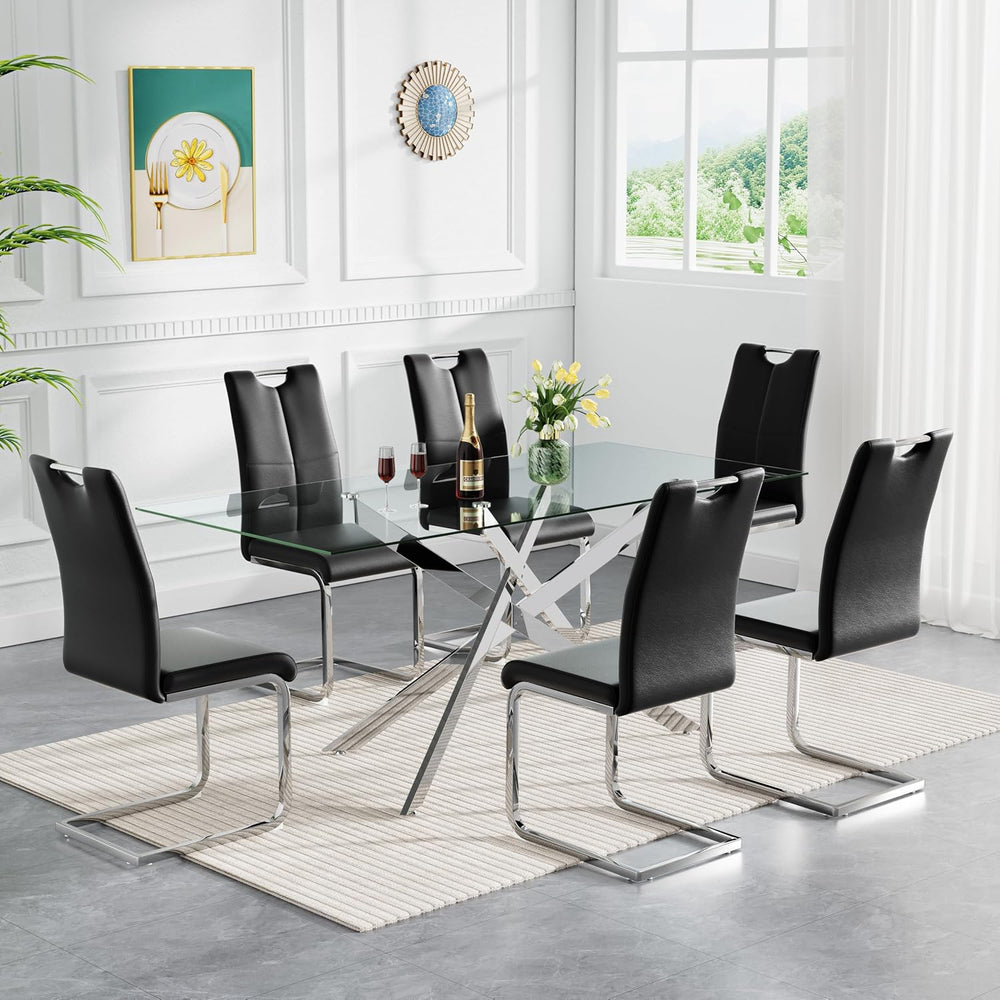 7 Piece Modern Dining Table Set of 6, 61" Tempered Glass Rectangle Dinin...