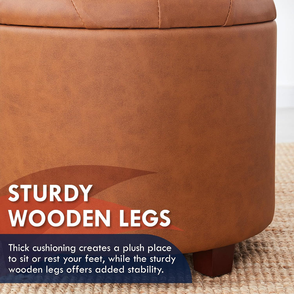 Ornavo Home 18" Round Storage Ottoman with Lid, Holds 300 lbs, Cognac | ...