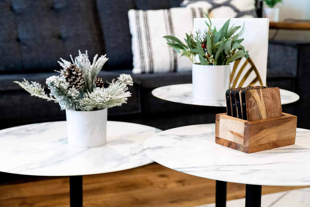 4-pcs Round Metal Coffee Table Set with Marble Finish Table Top and Black Pow...