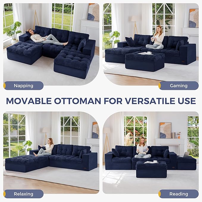 MAXYOYO 104" U Shaped Modular Sectional Sofa with 2 Ottomans, Cloud Boneless Couch with Layered Cushion, Flexible Module Combination Sofa for Living Room, No Assembly Required, Navy