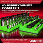 Olsa Tools Magnetic Socket Organizer | 3pc Socket Holder Kit | 1/2-Inch, 3/8-Inch, 1/4-Inch Drive | Socket Organizers For Toolboxes | Green | Holds 123 | Professional-Grade Tool Organizer | Part 1561