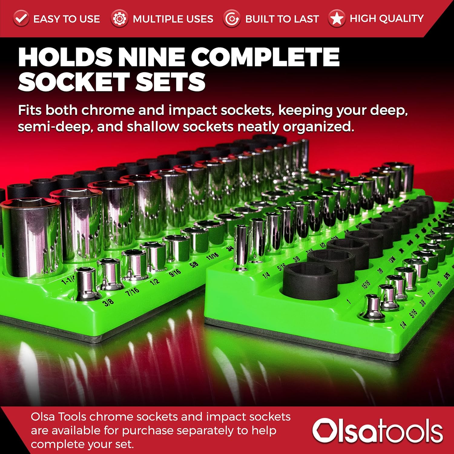 Olsa Tools Magnetic Socket Organizer | 3pc Socket Holder Kit | 1/2-Inch, 3/8-Inch, 1/4-Inch Drive | Socket Organizers For Toolboxes | Green | Holds 123 | Professional-Grade Tool Organizer | Part 1561