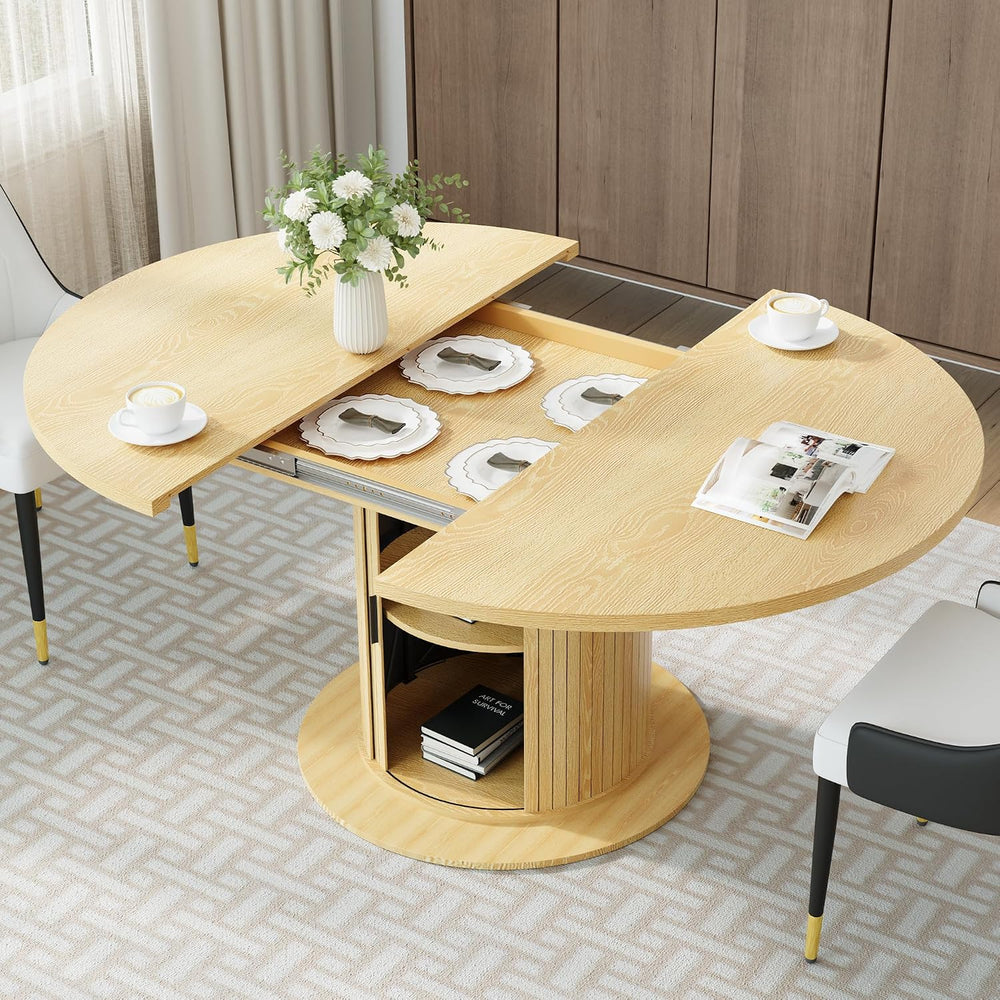 47"-63" Extendable Round-to-Oval Dining Table with Double-Layer Hid...