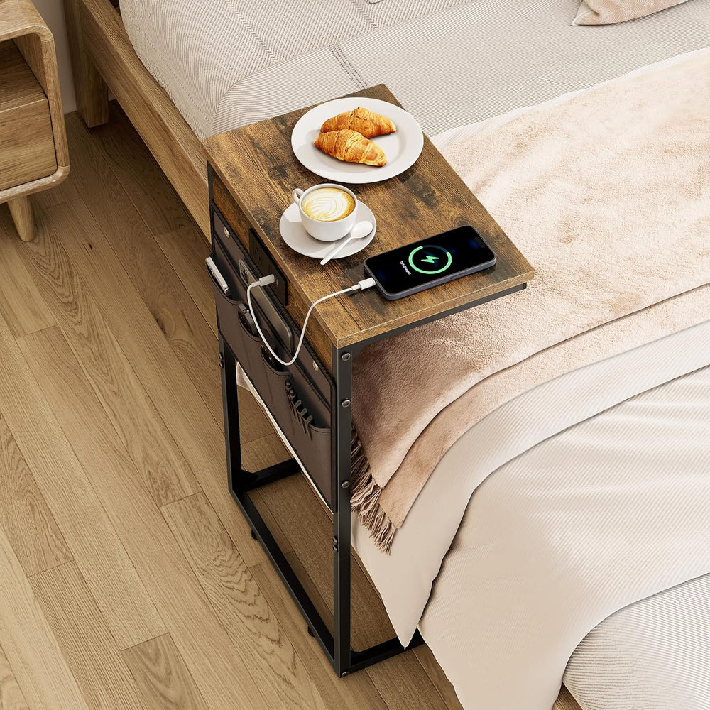 Vagusicc C Shaped End Table with Charging Station, 28" Tall Couch Side T...