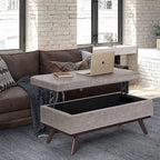 SIMPLIHOME Owen 42 inch Wide Mid Century Modern Rectangle Lift Top Large Coffee Table Storage Ottoman in Distressed Grey Vegan Faux Leather, Assembled, for the Living Room, Entryway and Family Room