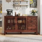 47" Walnut Farmhouse Buffet Sideboard Cabinet with Slat Doors for Kitchen | Wood Credenza with 4 Drawers & 2 Doors Coffee Bar Storage Cabinet with Adjustable Shelf for Living Room Entryway