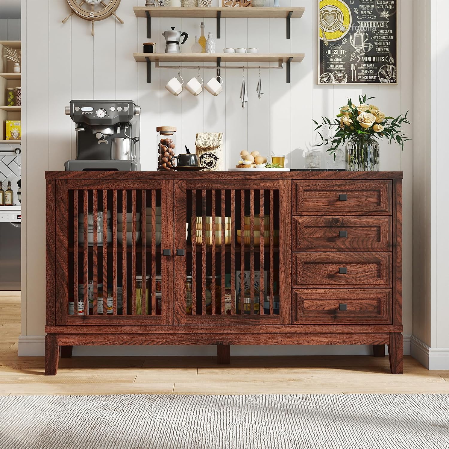47" Walnut Farmhouse Buffet Sideboard Cabinet with Slat Doors for Kitchen | Wood Credenza with 4 Drawers & 2 Doors Coffee Bar Storage Cabinet with Adjustable Shelf for Living Room Entryway