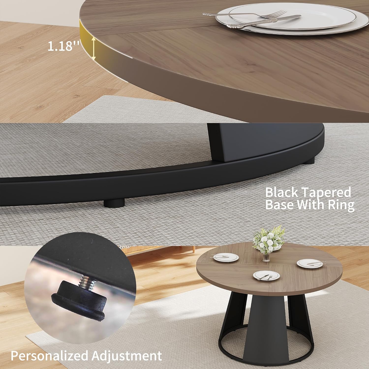 HIPIHOM 47.2” Round Dining Table Set for 4 Modern Wood Table with 4 Upholstered Leather Chairs, Metal Pedestal Base, Space-Saving Kitchen & Dining Furniture for Small Apartments and Compact Spaces
