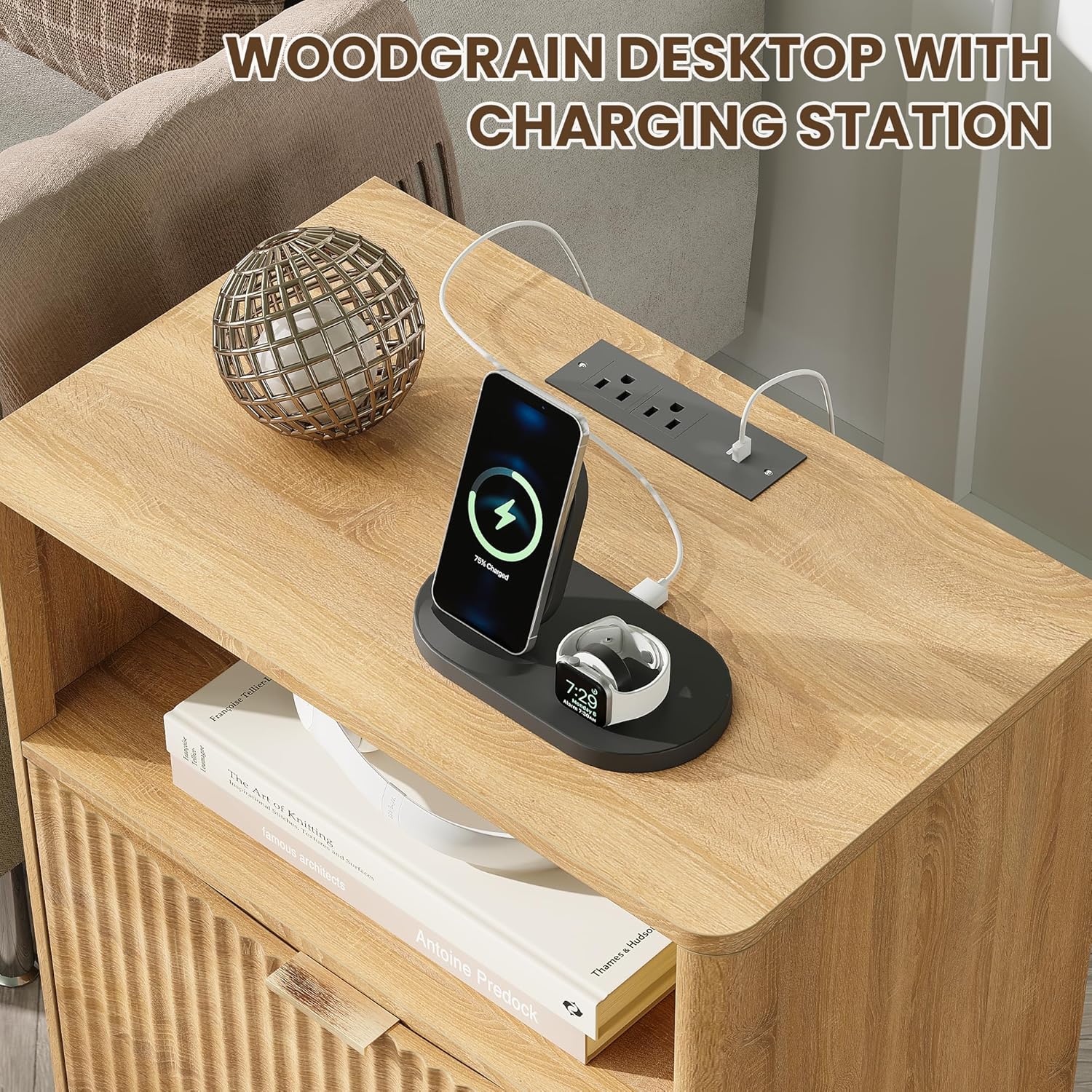 Night Stand with Charging Station, Modern Bedside Table with Drawer & Open Shelf Storage, Small Space Sidetable for Bedroom, Natural Oak
