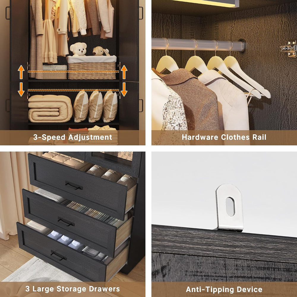 75" Tall Farmhouse 4 Doors Armoire Wardrobe Closet with 3 Drawers and LE...