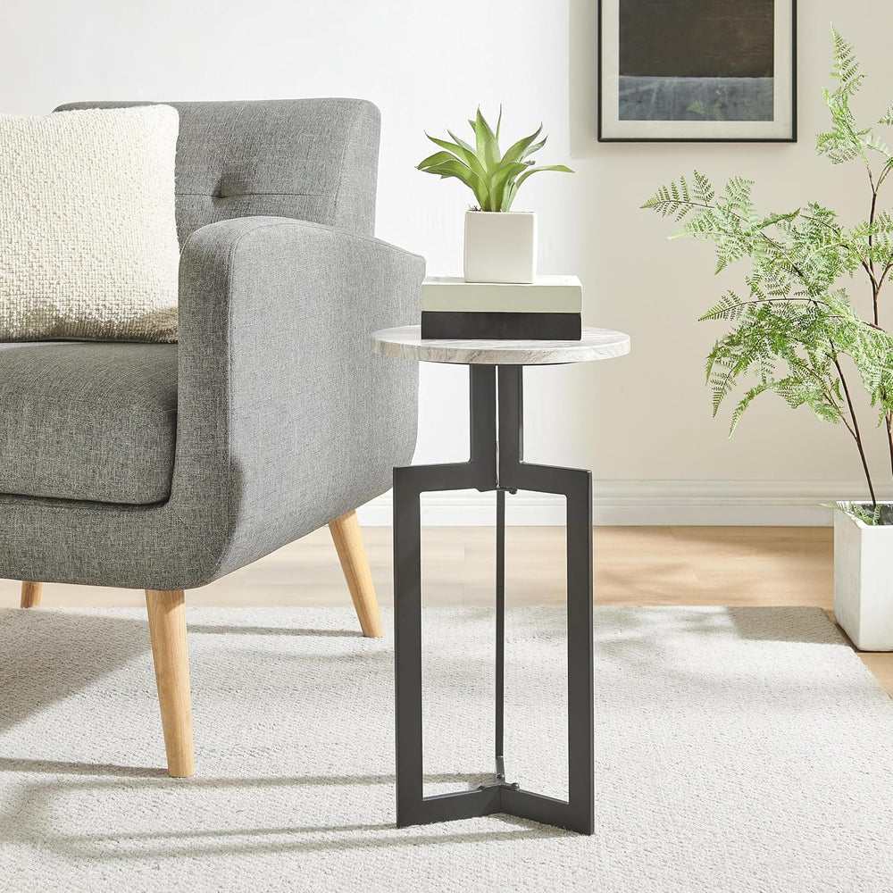 Danya B Black Metal Sculptural Pedestal & Faux Stone Tabletop Accent End ...