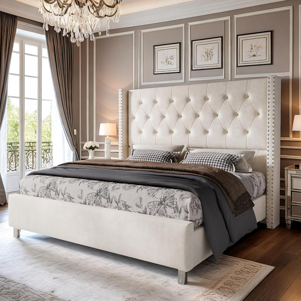 PaPaJet King Velvet Bed Frame with 49.2" Tall Wingback Headboard, Cream