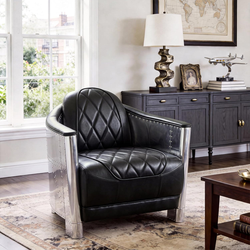 Volans Mid Century Modern Genuine Leather Accent Arm Chair with Vintage Alumi...
