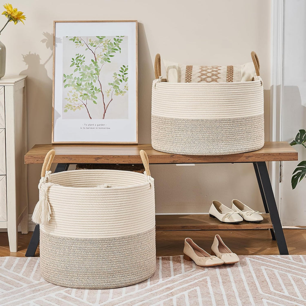 KAKAMAY Large Blanket Basket (18"x18"x16"), Woven Baby Laundry Hamper for Storage, Cotton Rope Basket for Nursery, Laundry, Living Room, Pillows, Baby Toy Chest with Handles (Black Stripes)