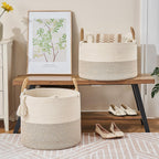 KAKAMAY Large Blanket Basket (18"x18"x16"), Woven Baby Laundry Hamper for Storage, Cotton Rope Basket for Nursery, Laundry, Living Room, Pillows, Baby Toy Chest with Handles (Black Stripes)