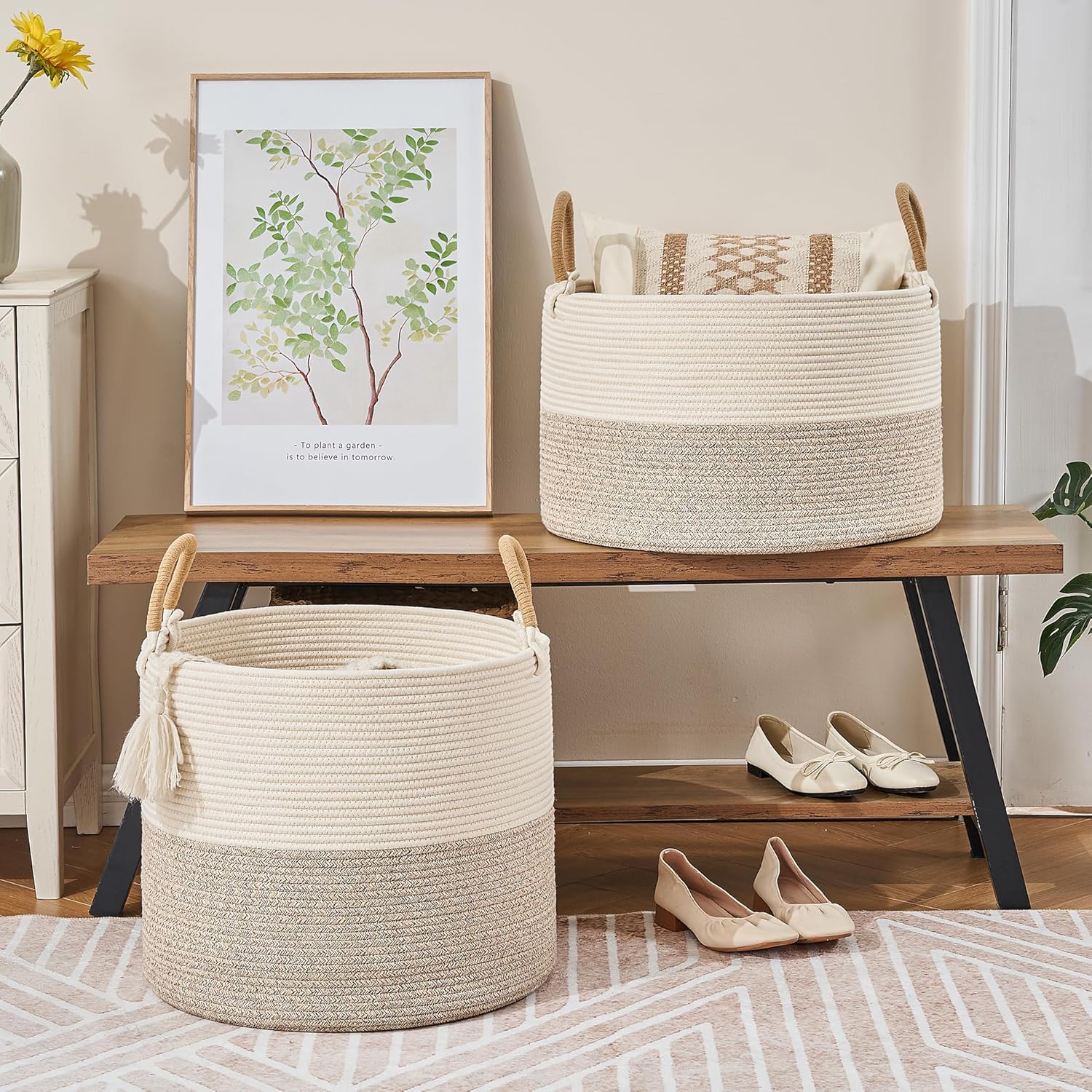 KAKAMAY Large Blanket Basket (18"x18"x16"), Woven Baby Laundry Hamper for Storage, Cotton Rope Basket for Nursery, Laundry, Living Room, Pillows, Baby Toy Chest with Handles (Black Stripes)