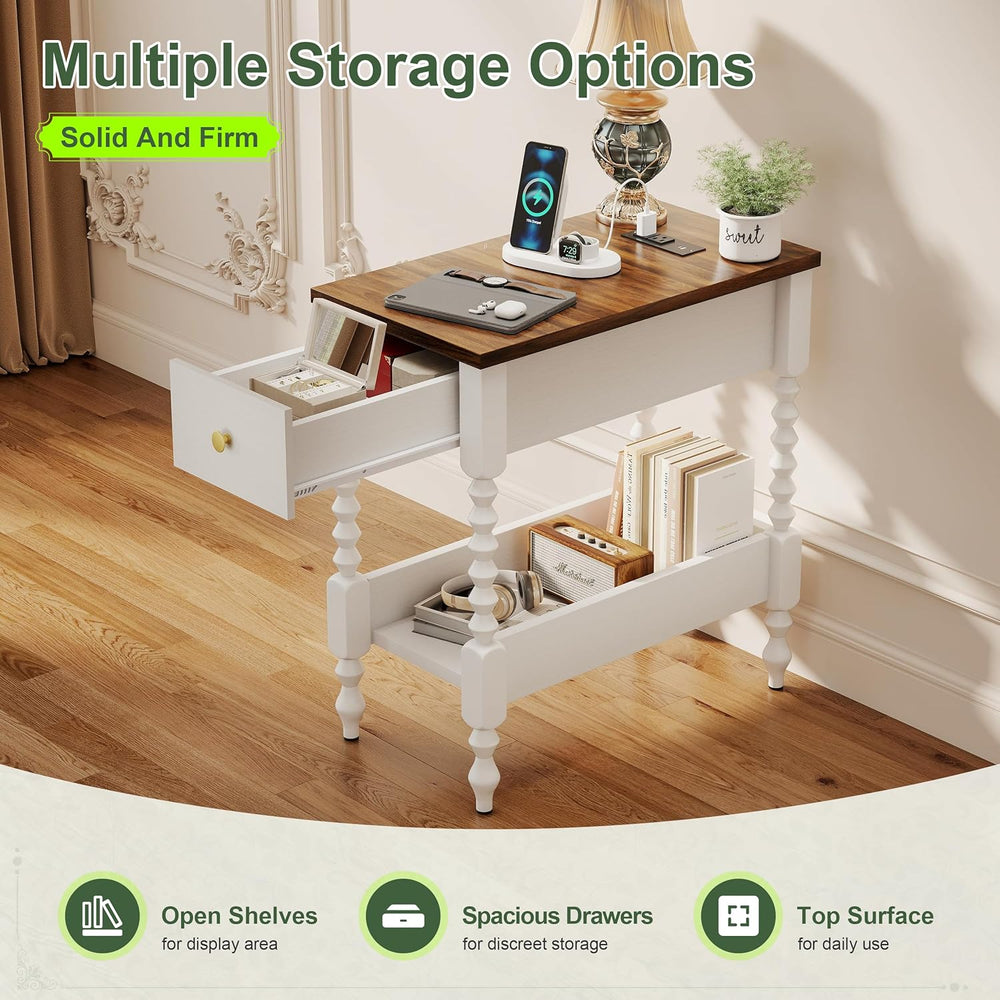 YOSHOOT Farmhouse End Table with Charging Station Set of 2 - Narrow Side Tabl...