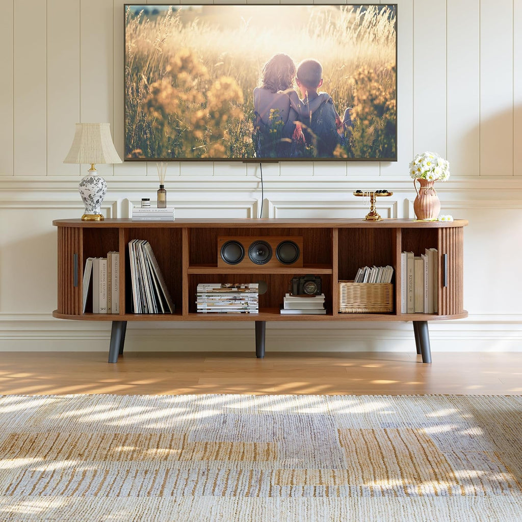 ChooChoo 54" Mid Century Modern TV Stand with Fluted Sliding Doors | Entertainment Center with Hidden Storage and Adjustable Shelf, TV Console for Living Room, Bedroom, Walnut
